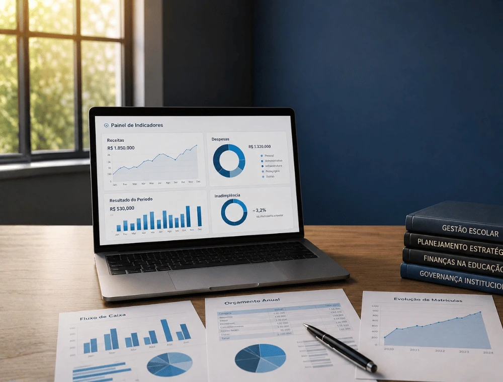 Notebook com painel de indicadores financeiros